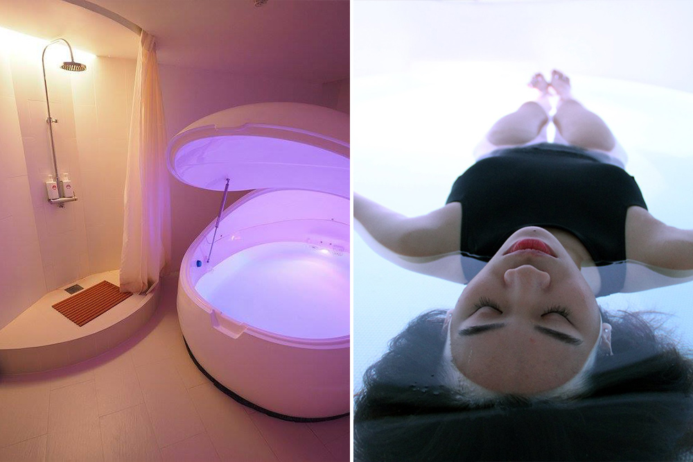 The shot of a glowing floating pod and another of a client floating in the pod at Palm Ave Float Club, Singapore